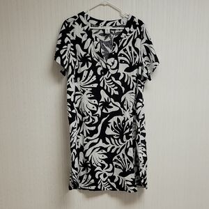 Rachel Zoe 100% Linen Black White Short Sleeve Dress Sz 1X Knee Length